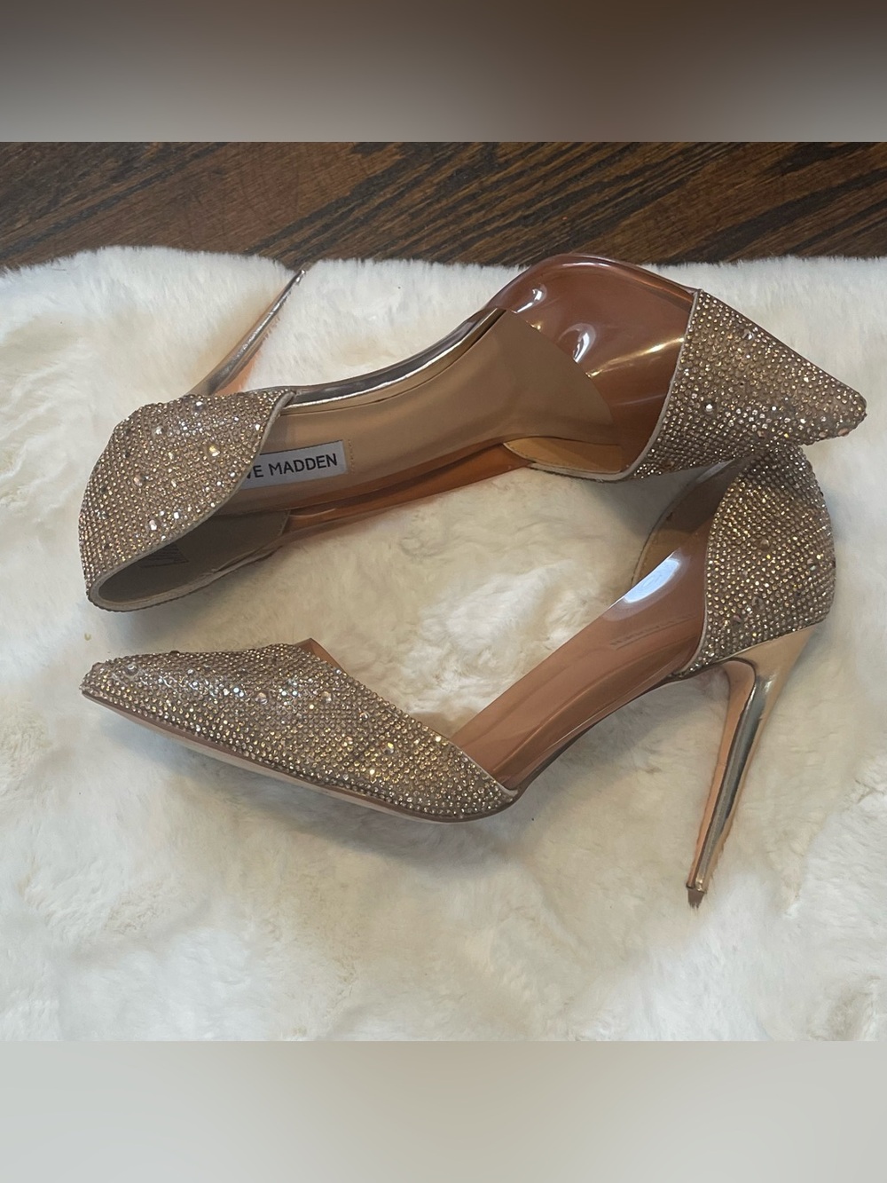Steve Madden elegant gold Crystal Pointed-Toe Clear Panel Stiletto Heels - Picture 3 of 12